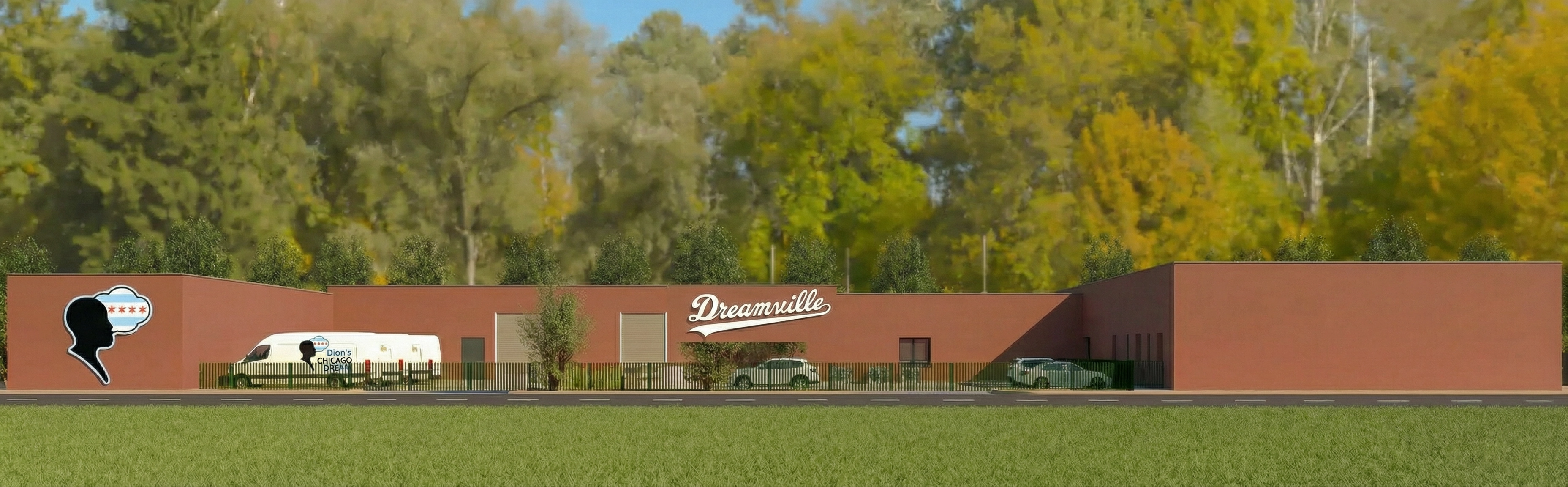 Street elevation rendering of the Dreamville campus