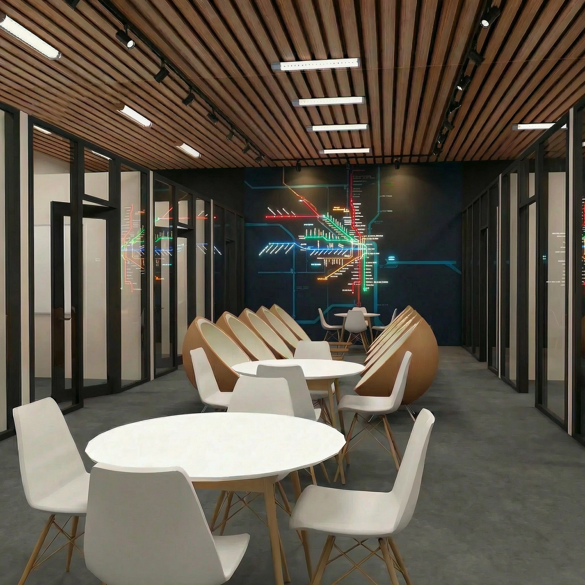 Rendered coworking and gathering space with Chicago transit map media wall